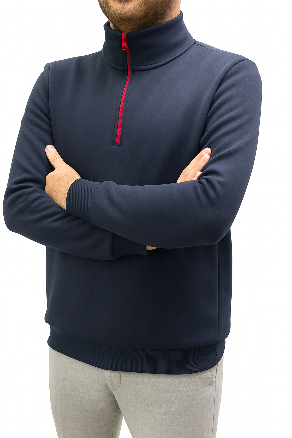MEKAİZEN Dik Yaka Kırmızı Fermuarlı Lacivert Sweatshirt